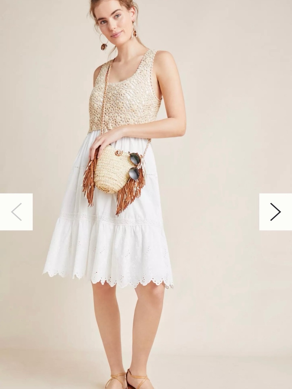 Anthropologie Beckett Beige Crochet Tank Top with White Eyelet Skirt Dress